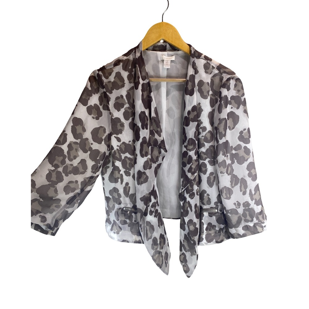 Chicos Size 2 Gray Leopard Open Front Draped Jacket Chiffon Quiet Luxury Chic L
